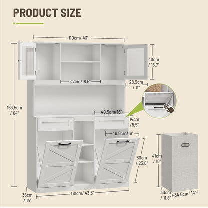 STHYTON Tall Tilt-Out Double Laundry Hamper Cabinet with 2x11-Gallon Hidden Laundry Basket, Tilt Out Trash Bin Cabinet with Fluted Glass Doors, Farmhouse Wooden Bathroom Storage with Push Doors, White