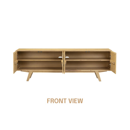 NTC Sapa Mid-Century Modern Solid Wood TV Stand 4-Door Media Console with Carved Geometric Fronts for TVs up to 75", Effortless Assembly, Sand