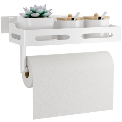 Paper Towel Holder Wall Mount with Shelf, Easy One Hand Tear, Adhesive Glue or Drill Mount Hanging Paper Towel Holder with Shelf for Kitchen/Bathroom/RV, White Metal, 4 Hooks