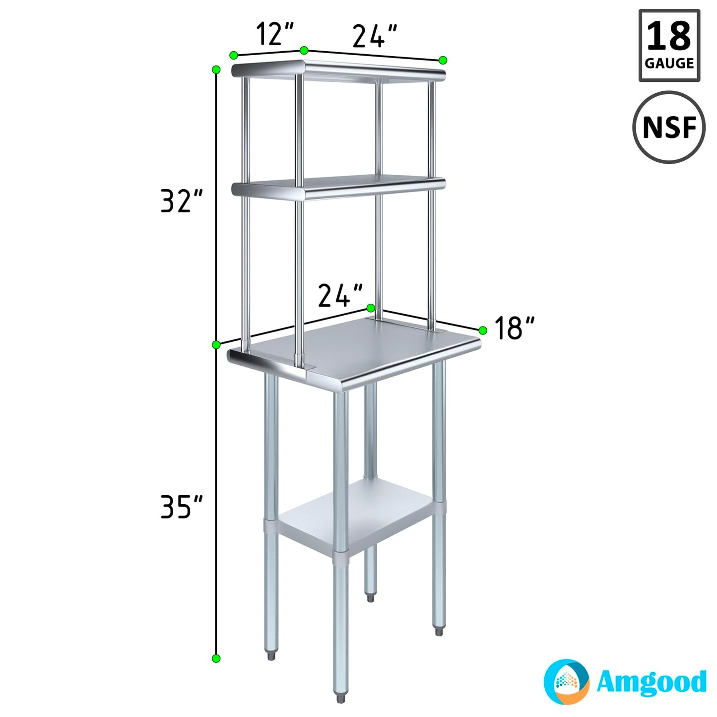 Amgood Stainless Steel Work Table Double Tier Overshelf | (18" x 24" Work Table + 12" Overshelf)