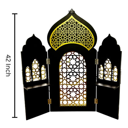 3 Panel Room Divider Folding Privacy Freestanding Partition Portable Wall for Prayer Room Privacy Screen Islamic Theme Room Divider Wood 3ft Ramadan Decorations 39.5"x38.5" (Black Gates)