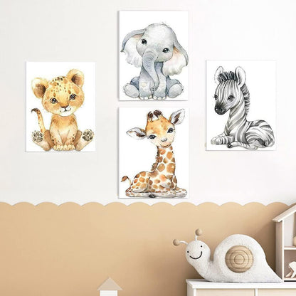 ANIUHL Nursery(Set 4, 8 10 inch) Woodland Animals Wall Art Framed Canvas Prints Watercolor Zebra Fawn Tiger Elephant