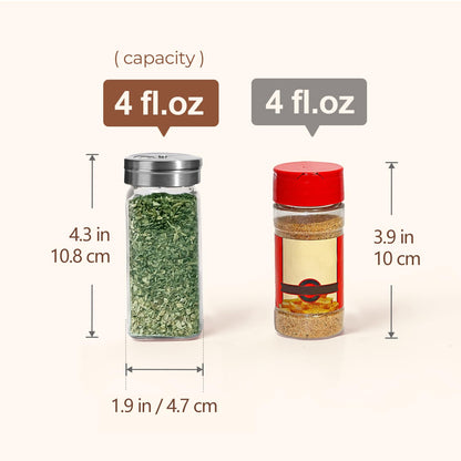 ComSaf Spice Jars with Shaker lids Adjustable, 4oz 24PCS，45 Labels, Comdiment Jars Set, Empty Spice Containers and Square Ingredient Bottles for Kitchen and Seasoning, Bulk Salt and Pepper Shaker Set