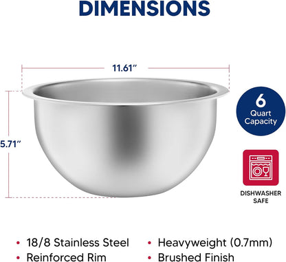 HIC Kitchen Mixing Bowl, Heavyweight 18/8 Stainless Steel, 6-Quart Capacity