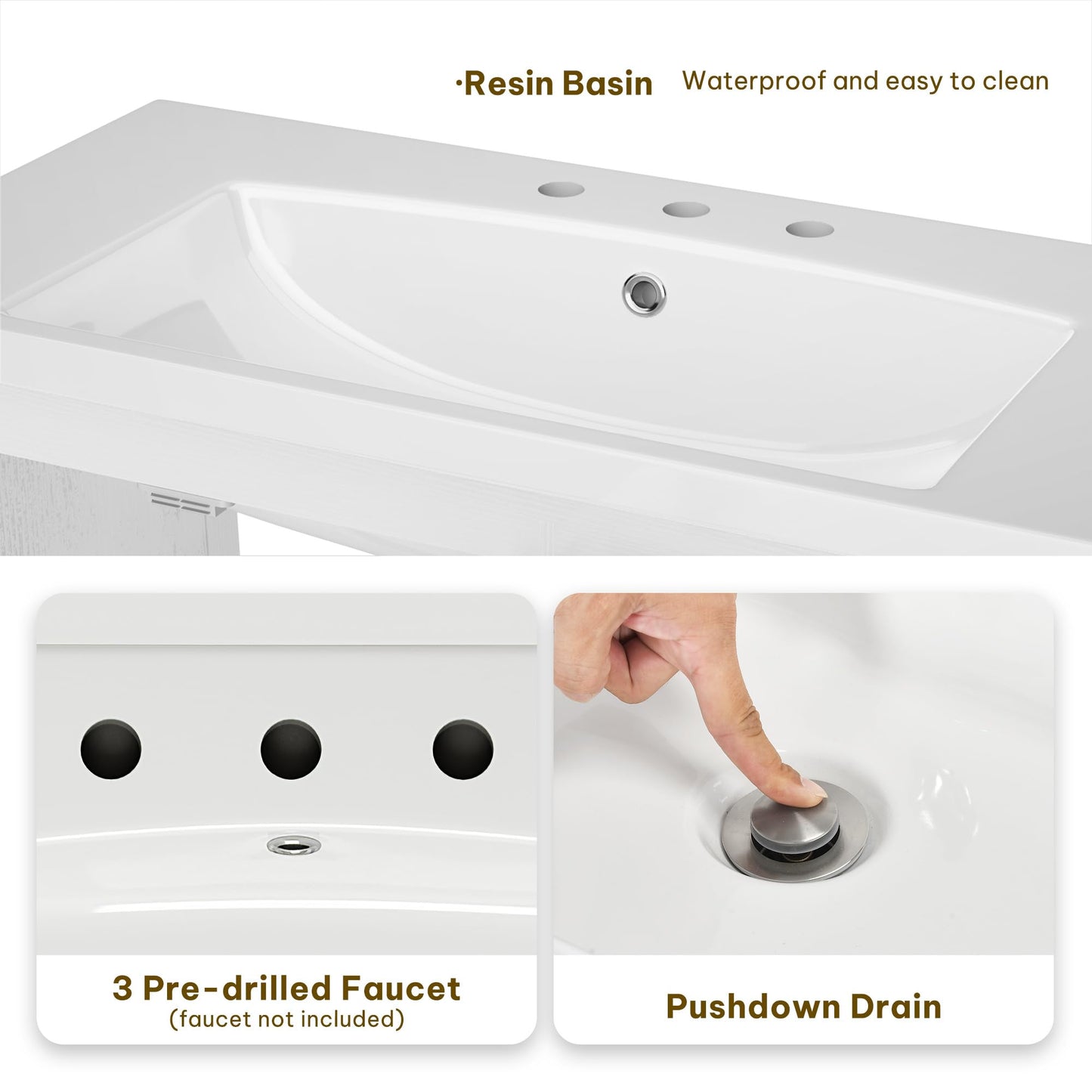 DWVO 36 Inch Bathroom Vanity with Sink, Modern Bathroom Storage Cabinet with Resin Basin, Three Holes, 2 Doors & 3 Drawers