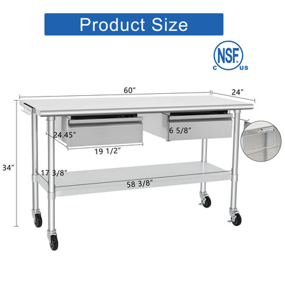 HARDURA Stainless Steel Table with 2 Drawers & Casters, Metel Prep Table with Hook, Tissue Holder and Undershelf 24x60 Inches for Commercial Kitchen Prep