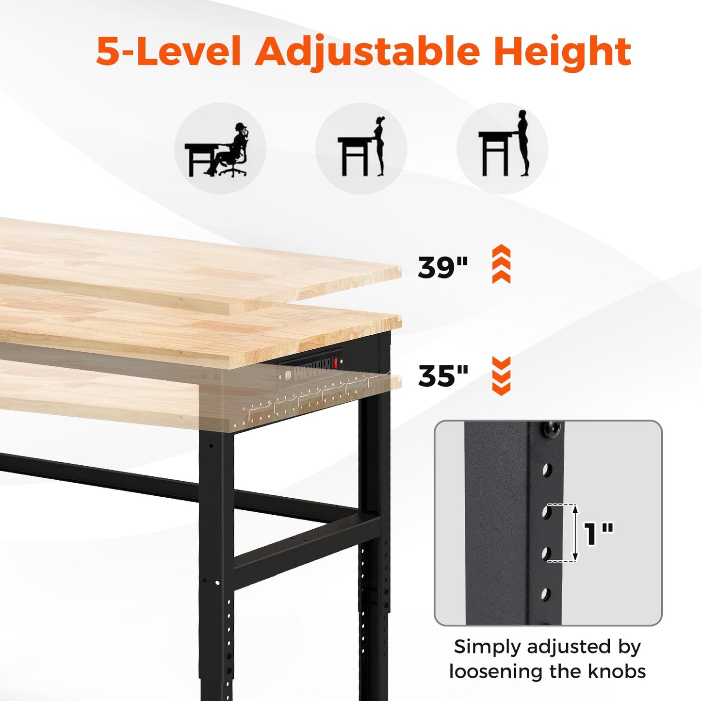 IRONMAX 48'' Adjustable Work Bench with Wheels, 1760 LBS Heavy Duty Oak Wood Table Top Workstation w/Power Strip & Foot Pad, 5 Different Height Hardwood Worktable for Workshop, Garage, Office, Home