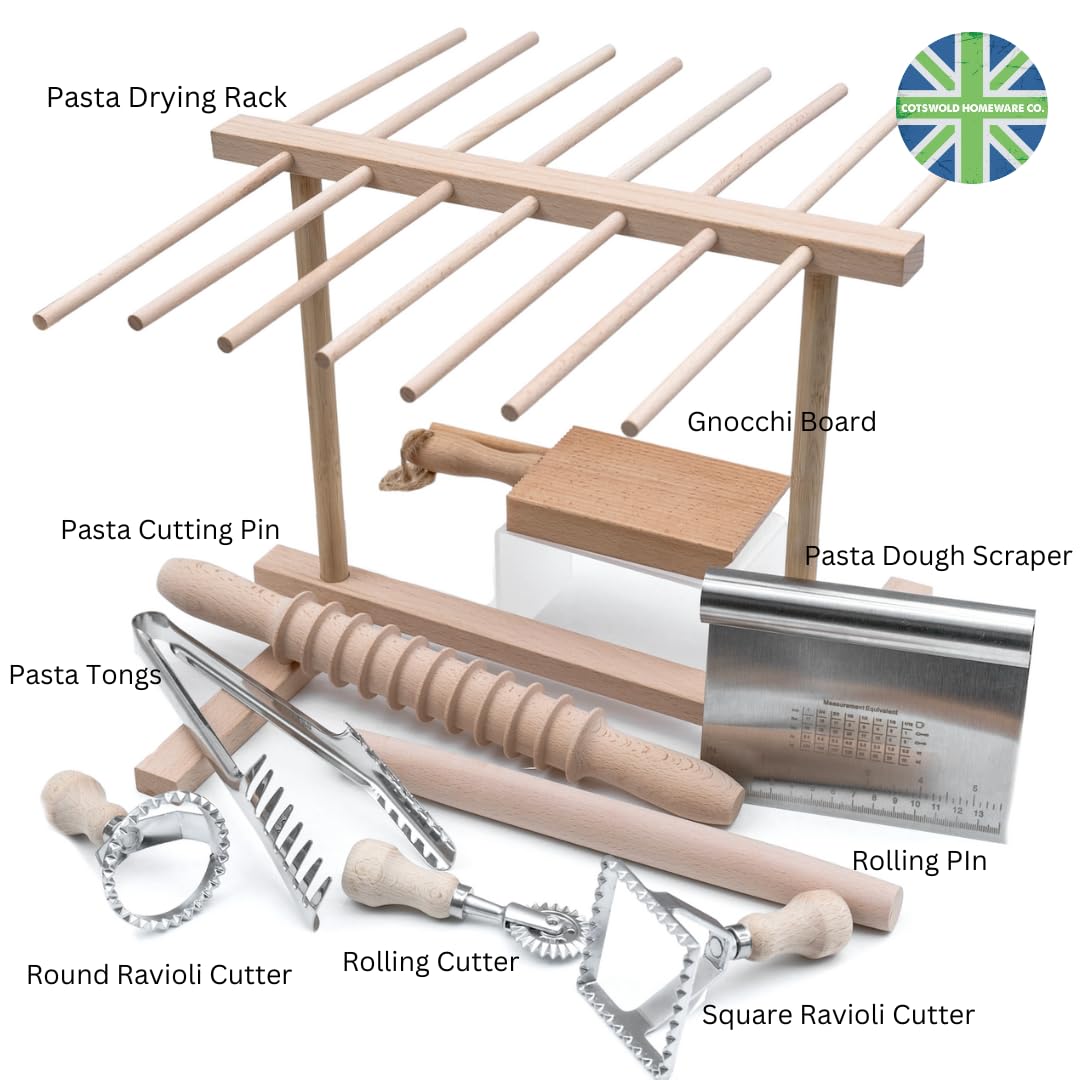 Ultimate 9 Pcs Pasta Making Tool Set Pasta Drying Rack, Pasta Tongs, Two Ravioli Stamp Maker Cutter And Roller Wheel Set, Two Pasta Rolling Pins, Gnocchi Board and Scraper By Cotswold Homeware Co