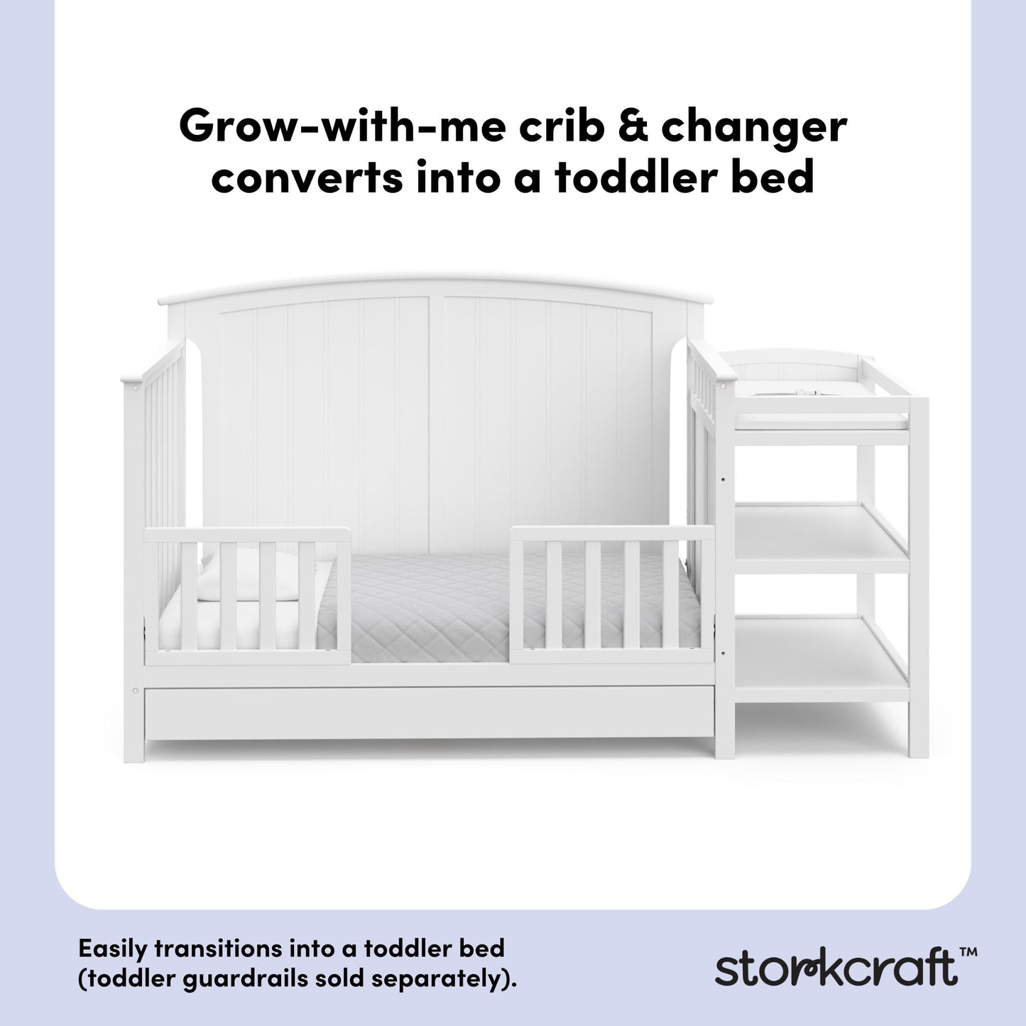 Storkcraft Steveston 5-in-1 Convertible Crib & Changer – GREENGUARD Gold Certified, Fits Standard Crib Mattress, Converts to Toddler Bed and Full Bed, 4 Adjustable Mattress Heights (White)