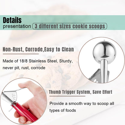 Saebye Cookie Scoop Set, Ice Cream Scoop Set, Cookie Scoops for Baking, Multiple Size Large-Medium-Small Size Disher, Professional 18/8 Stainless Steel Cupcake Scoop