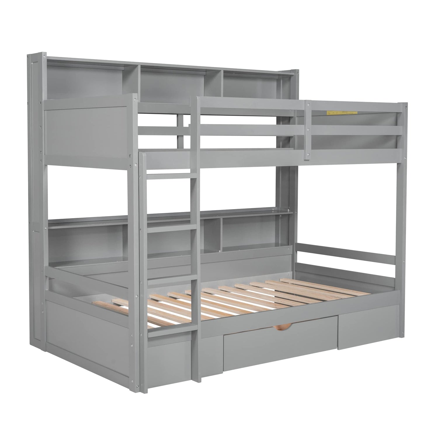 Ball & Cast Twin Over Twin Bunk Bed with Built-in Shelves Beside Both Upper and Down Bed & Storage Drawer, Twin Size Wooden Bunk Bed with Guardrails and Ladder for Kids,Teens,Adult,Gray