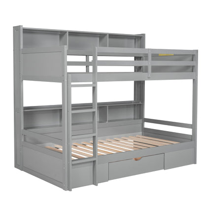 Ball & Cast Twin Over Twin Bunk Bed with Built-in Shelves Beside Both Upper and Down Bed & Storage Drawer, Twin Size Wooden Bunk Bed with Guardrails and Ladder for Kids,Teens,Adult,Gray