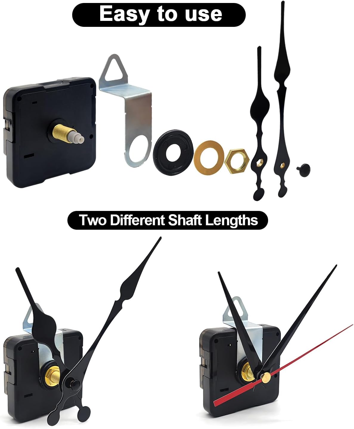 2pcs Silent Quartz Clock Movement, Long and Short Shaft with 5 Sets Hands for DIY Wall Clock