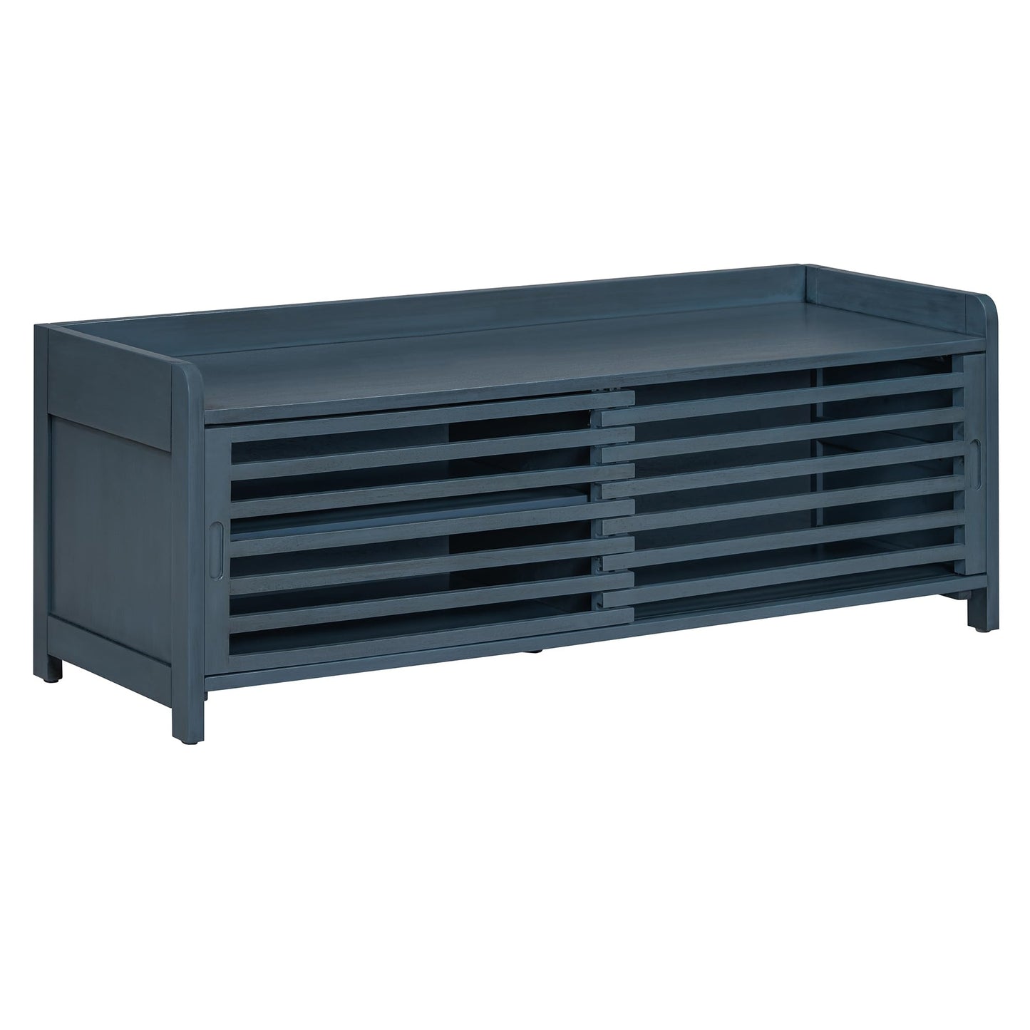Ball & Cast Entryway Storage Bench with Shutter Doors, 43.3" Wooden Shoes Organizer, Modern Movable Upholstered Seat Entryway Shoe Rack Cabinet for Hallway Living Room, Navy Blue