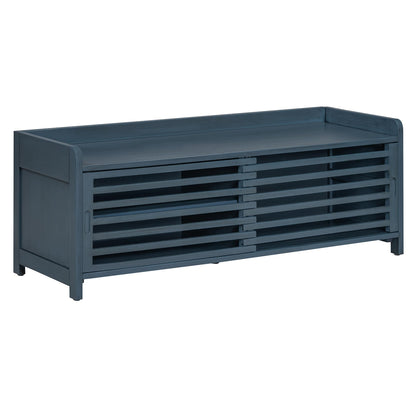 Ball & Cast Entryway Storage Bench with Shutter Doors, 43.3" Wooden Shoes Organizer, Modern Movable Upholstered Seat Entryway Shoe Rack Cabinet for Hallway Living Room, Navy Blue