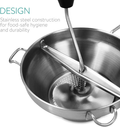 Navaris Food Mill, 8.1" Stainless Steel Rotary with Hand Crank and 3 Grinding Discs for Tomato Sauce, Mashed Potatoes