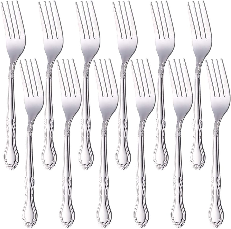 12-Piece Stainless Steel Dinner Fork Set, 7.3-inch Classic Flatware Silverware with Flower Edge - Silver
