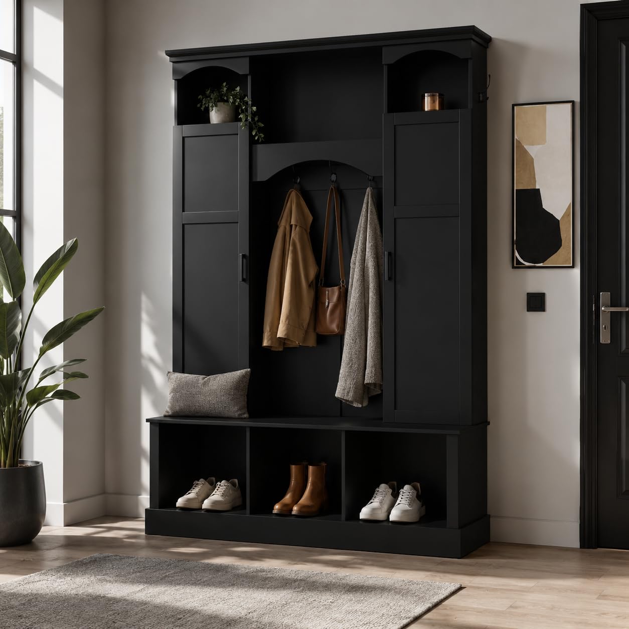 FILWY ON-Trend Modern All-in-One Hall Tree with Adjustable Shelves, Classic Arched Farmhouse Storage Bench with Dual Side Cabinets, Elegant Entryway Organizer with 7 Hooks for Mudroom, Hallway