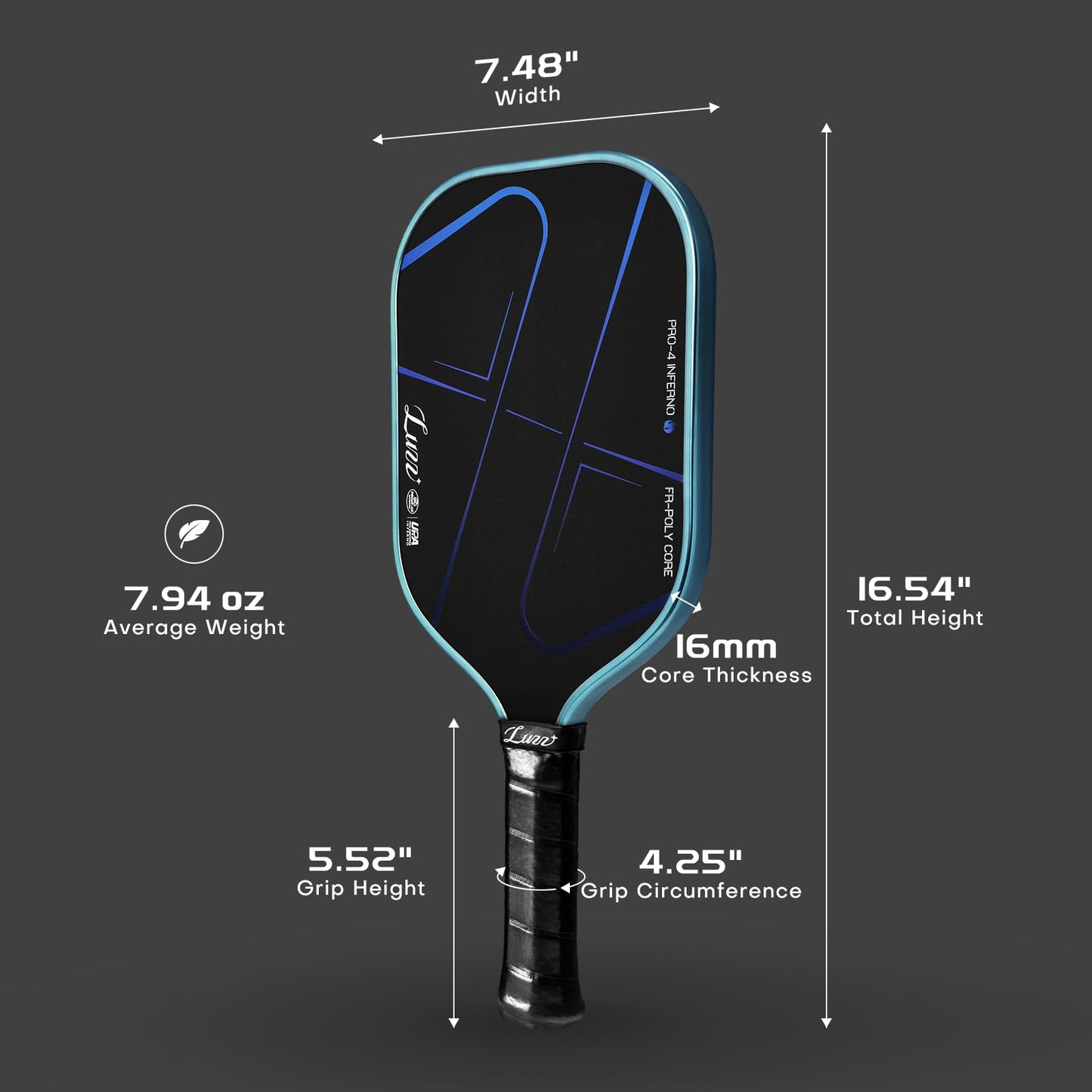 Luzz Pickleball Paddle, Thermoformed Blue Blaze Inferno 3D Grooved Carbon Fiber Pickleball Paddles Microporous Polymer Core Exceptional Spin and Power 16mm Composite Pickle Ball Rackets for Players
