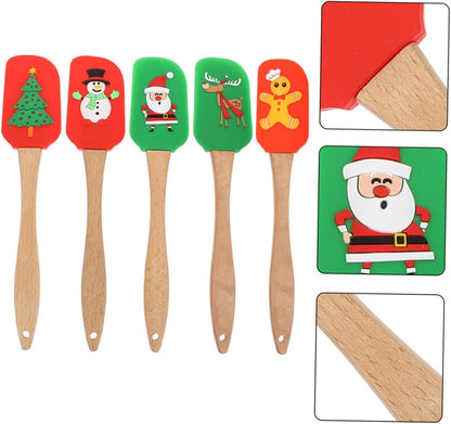 5pcs Cream Spatula Set, Wooden Handles Silicone Baking Sheet for Christmas Cake Decorating, Wear-resistant Tool.