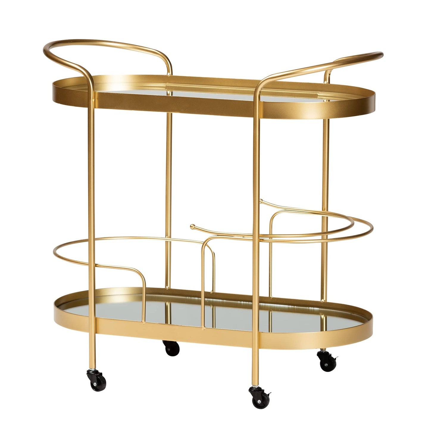 Baxton Studio Kamal Gold Finished Metal and Glass 2-Tier Mobile Wine Bar Cart