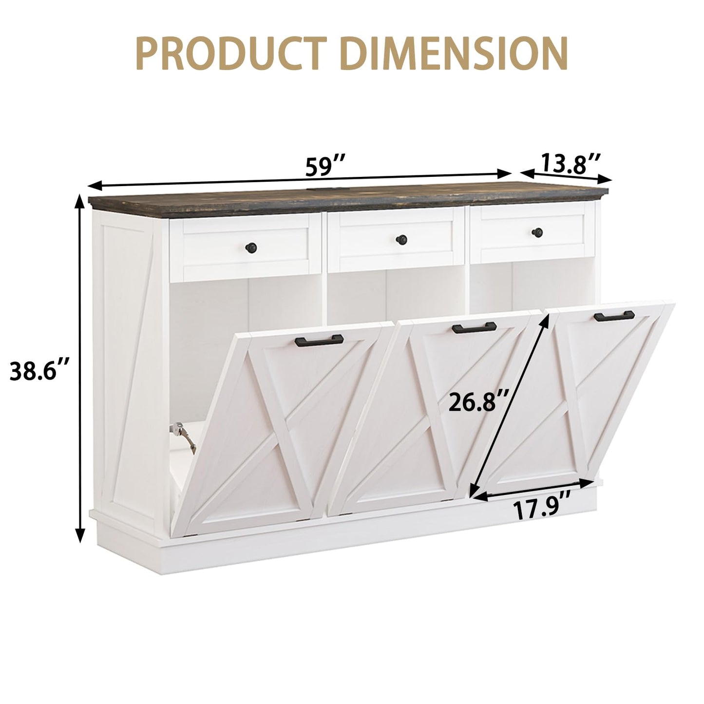 Triple Tilt-Out Trash Can Cabinet, 39 Gallons Wooden Kitchen Garbage and Recycling Bin with 3 Hideaway Drawers, Power Outlets, Pet Proof - Freestanding Laundry Hamper Storage for Bathroom, White