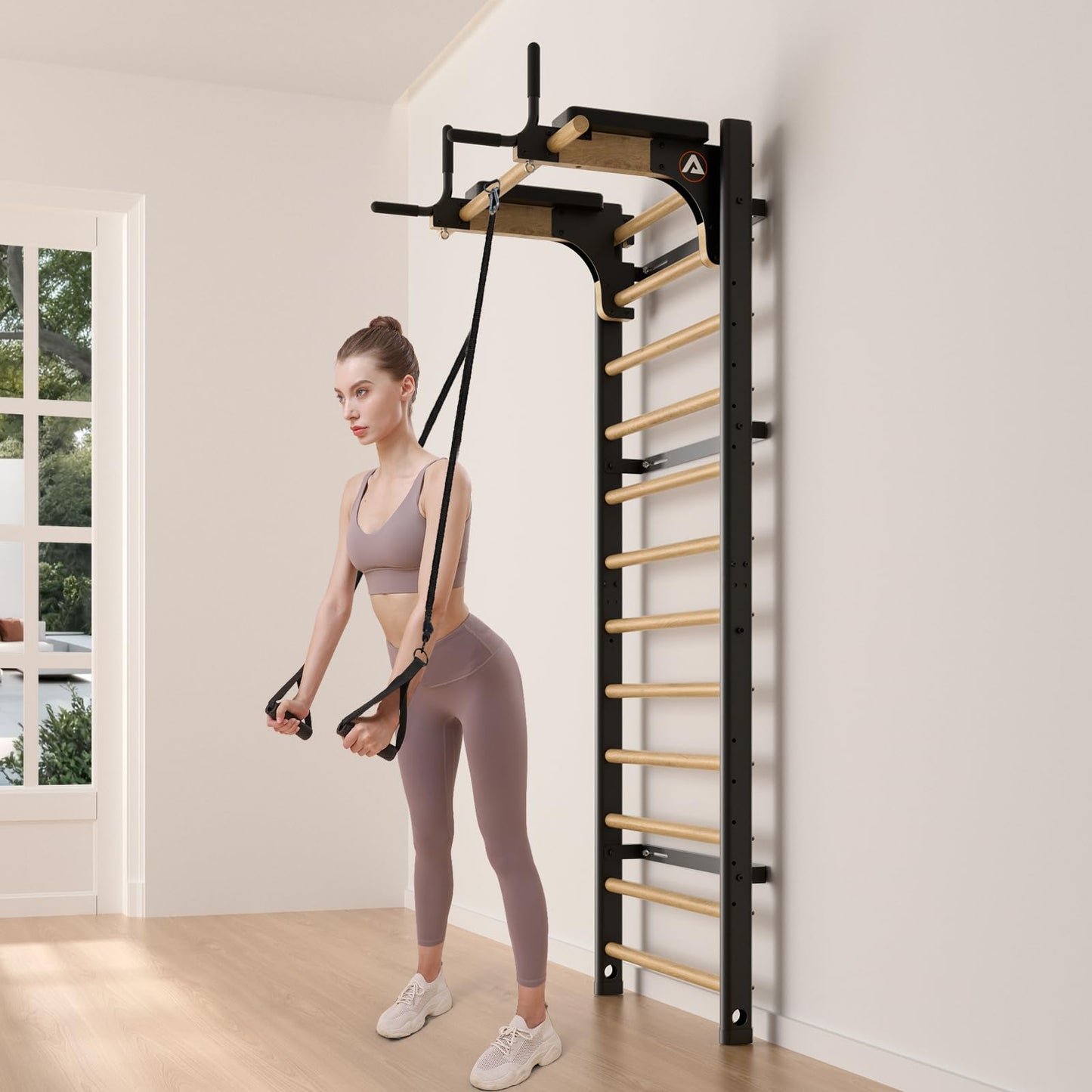 Swedish Ladder Pro, Wood Stall Bar with Push-Through Bar, Adjustable Pull-Up Dip Bar for Adults and Kids, Accessories Bundle, Spring, for Home, School, Physical Therapy and Gymnastics (40"x90“x26")