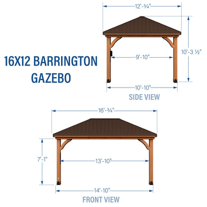 Backyard Discovery Barrington 16' x 12' Cedar Wood Outdoor Gazebo Pavilion with Hardtop Galvanized Steel Hip Roof, Snow Support, Wind Resistance, PowerPort, Shade for Garden, Patio, Deck, Entertaining