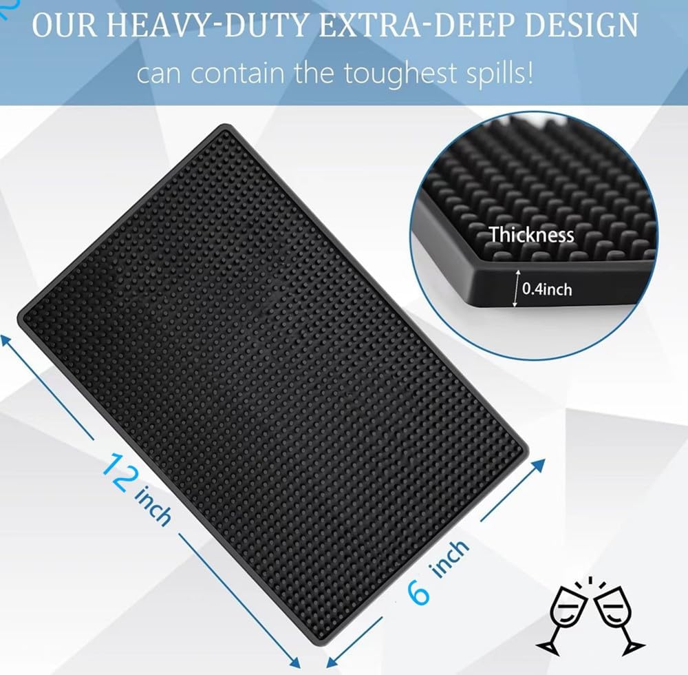 Bar Mat 12" x 6", Rubber Spill Mat for Cocktail Bartender Set of 2, Coffee Bar or Countertop Glass Drying Mat (Black)