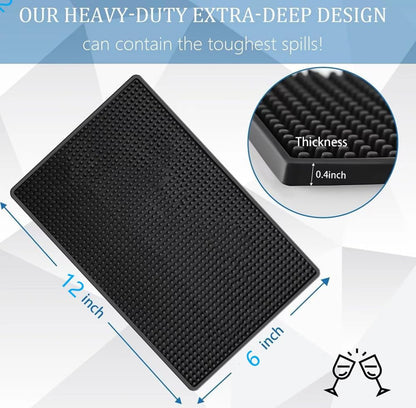 Bar Mat 12" x 6", Rubber Spill Mat for Cocktail Bartender Set of 2, Coffee Bar or Countertop Glass Drying Mat (Black)