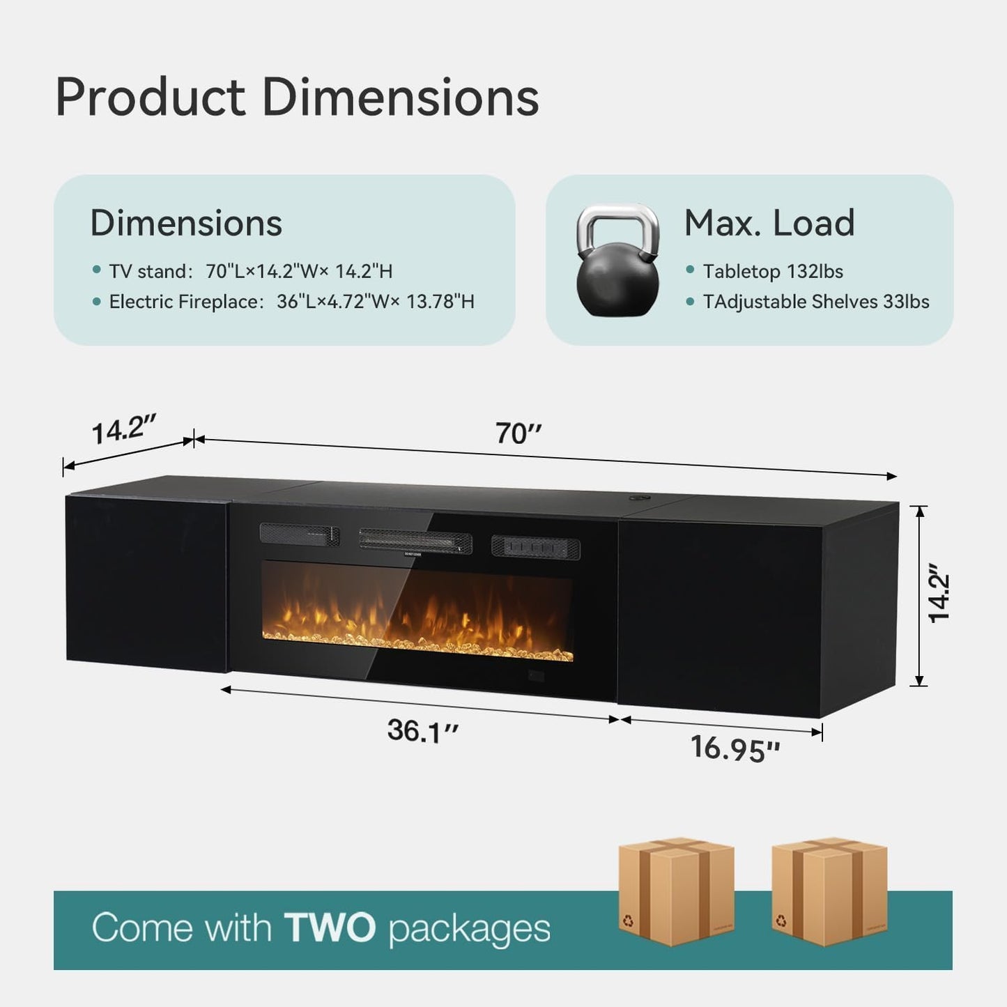 OneBlis 70'' Floating TV Stand with 36" Electric Fireplace, Wall Mounted Entertainment Center with Storage for TVs up to 80", Adjustable 12-Color LED Media TV Console for Living Room,All Black