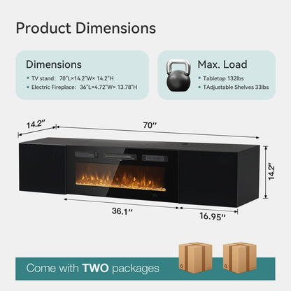 OneBlis 70'' Floating TV Stand with 36" Electric Fireplace, Wall Mounted Entertainment Center with Storage for TVs up to 80", Adjustable 12-Color LED Media TV Console for Living Room,All Black