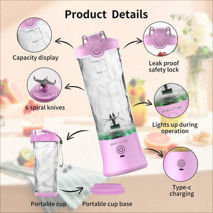 Portable Blender, Personal Blender for Shakes & Smoothies with 20 Oz Travel Cup, Mini Size Blender with 6 Blades, USB