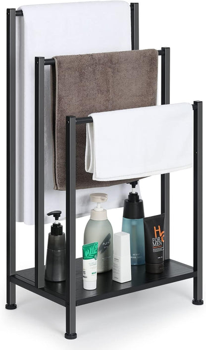3 Free Standing Blanket Ladder Holder Rack, Tier Black Metal Towel Racks Stand with Wooden Storage Shelf, Multipurpose