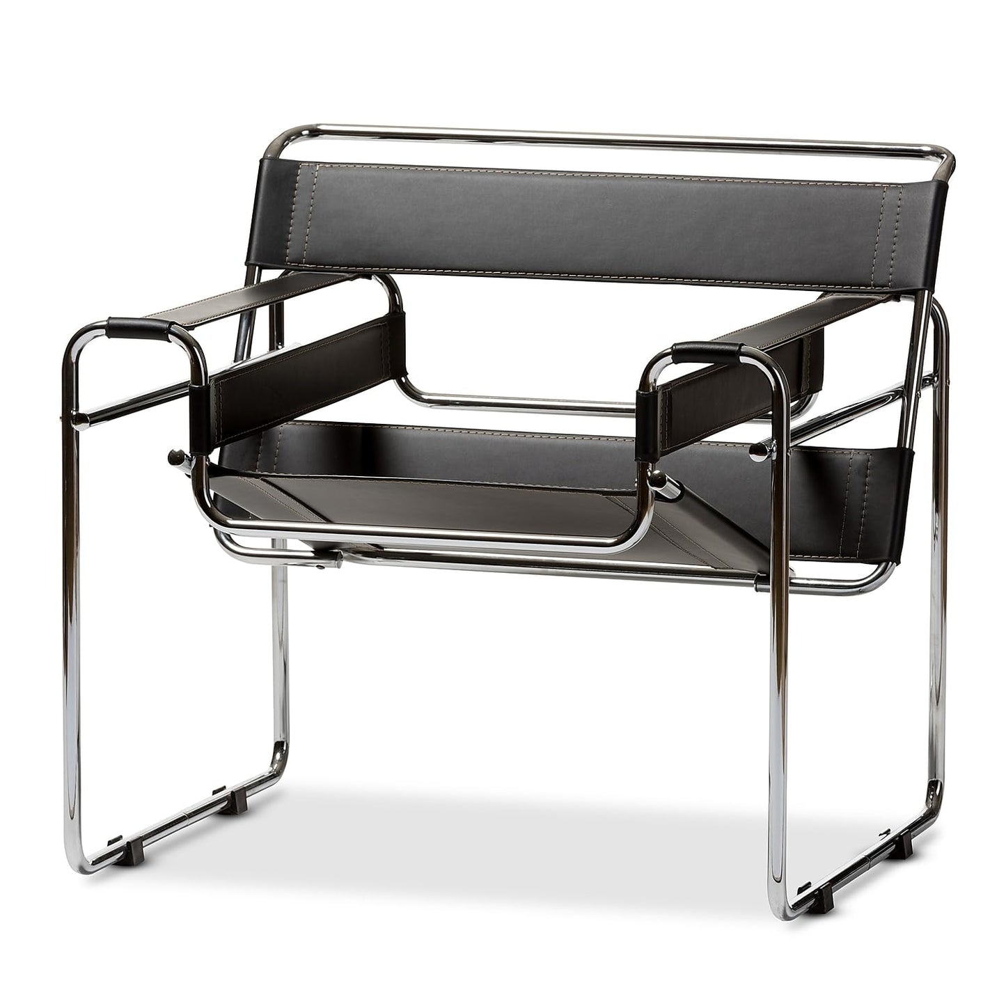 Baxton Studio Wassily Style Mid Centry Modern Accent Chair,Steel Frame and Faux Leather, Wide Seating