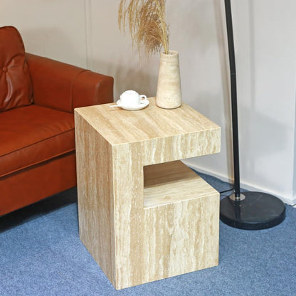 Italian Travertine C-Shaped End Table, Luxurious Natural Stone Coffee Table Suitable for for Living Room Bedroom Bathroom Small Spaces, No Installation Travertine Sofa Table for Modern Home Decor