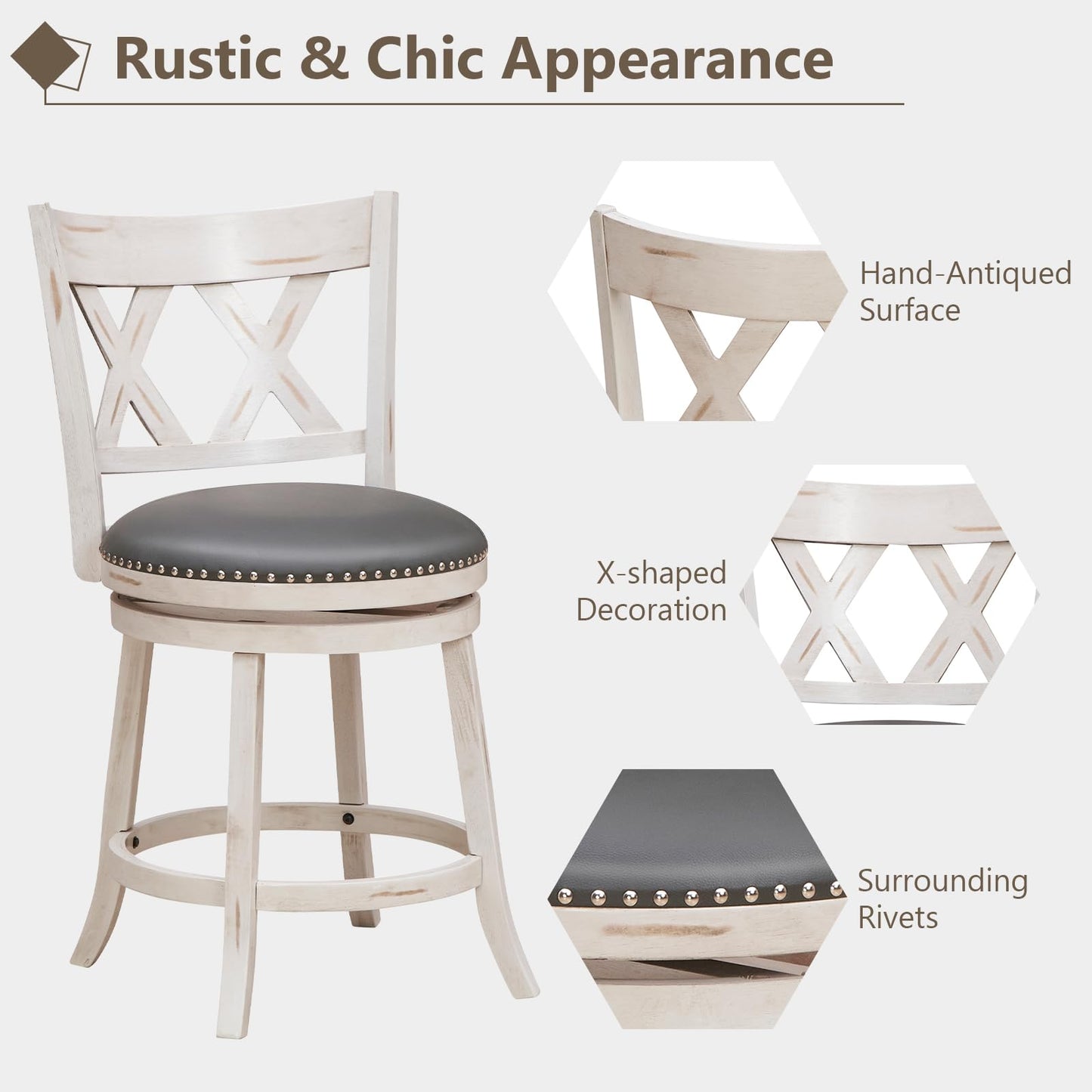 COSTWAY Bar Stool Set of 4 for Kitchen Island, 25.5” Swivel Armless Counter Height Stools with 20'' Wider Padded Seat, Ergonomic Curved Backrest, Rubber Wood Frame (4, Antique White + Gray)