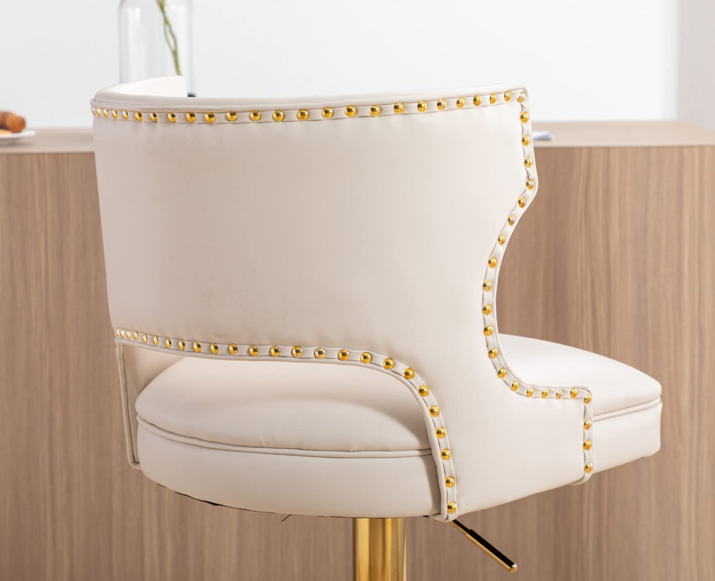 EALSON Leather Bar Stools Set of 2 Swivel Counter Height Barstools with Back Adjustable Bar Chairs with Gold Base Modern Upholstered Kitchen Island Stools for Home Bar Dining Room, PU Beige