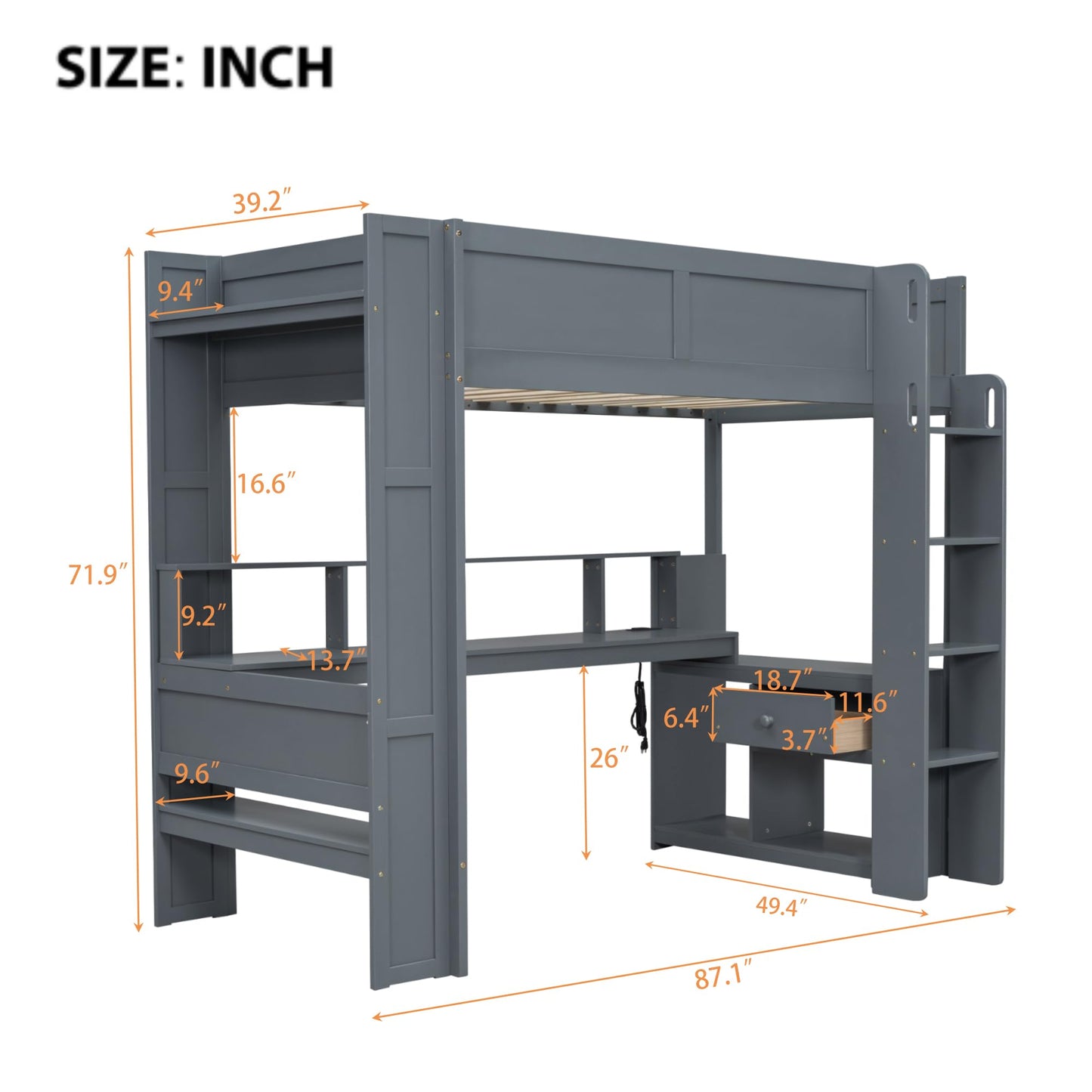Ball & Cast Twin Size Gaming Loft Bed with Built-in Desk, LED and Charging Station,Wood Loft Bed Frame w/Multi-Storage Shelves,No Box Spring Needed,Ladder,for Kids,Teens,Adults,Dark Gray