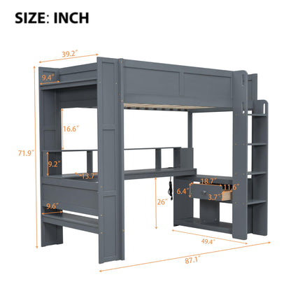 Ball & Cast Twin Size Gaming Loft Bed with Built-in Desk, LED and Charging Station,Wood Loft Bed Frame w/Multi-Storage Shelves,No Box Spring Needed,Ladder,for Kids,Teens,Adults,Dark Gray