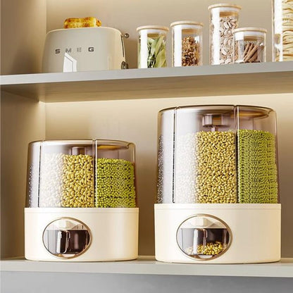 GSC Industries Premium 6-Grid Rotating Food Dispenser with Sealed Lid – 360° Rotation Grain Storage Container for Rice, Beans, Cereal, Peanuts, Barley, and More – Kitchen Pantry Organizer
