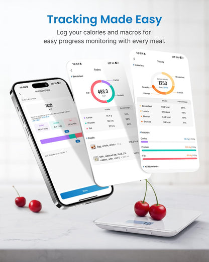 RENPHO Food Scale with Nutritional Calculator, Digital Kitchen Scale for Weight Loss, Smart Food Weight Scale with App for Macro Keto Calorie Cooking, Grams and Ounces, White, 11lb/5kg