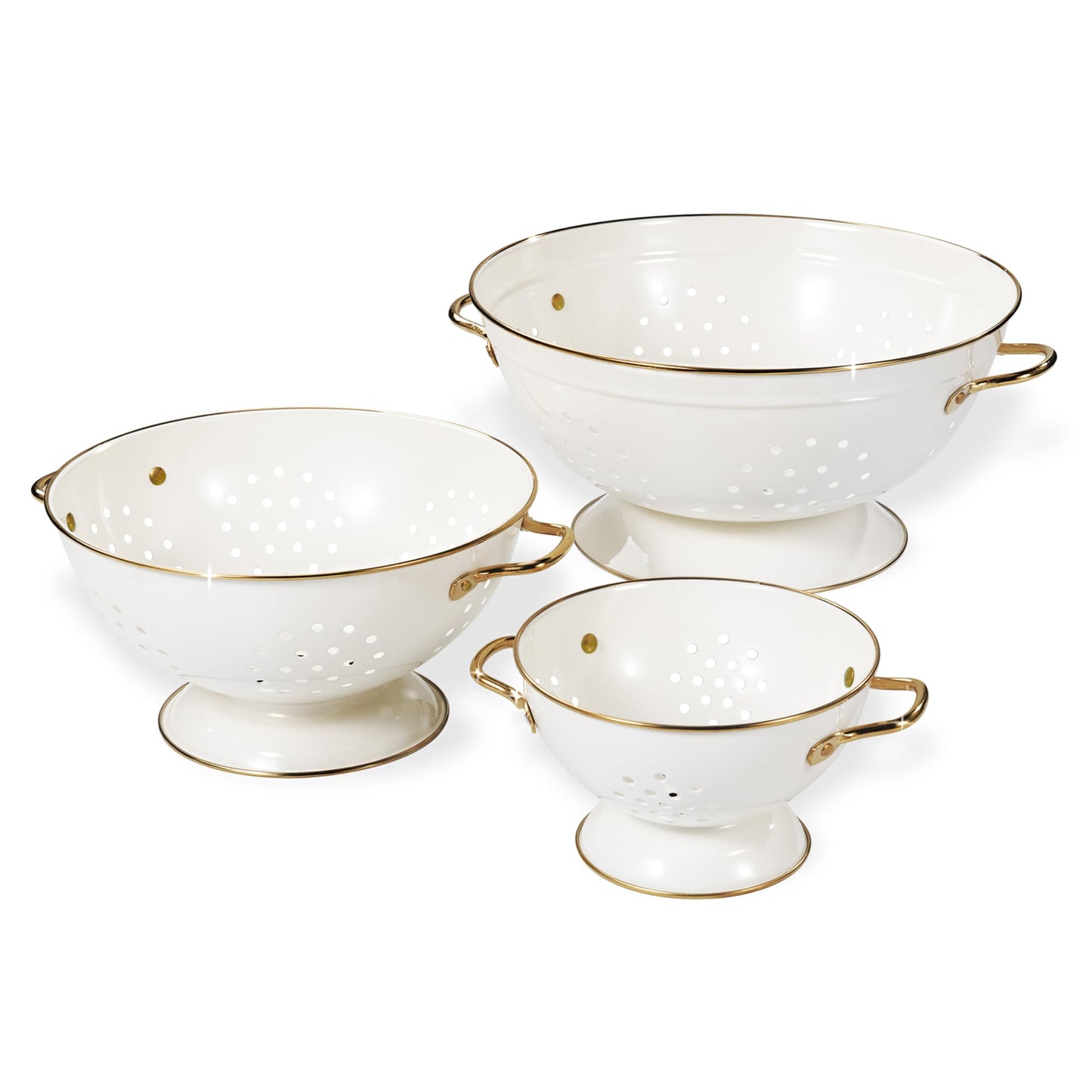 Metal Colander Set of 3, Strainer Basket with Handles perfect for Spaghetti, Pasta, Berry, Vegetable, Fruit, Solid Base Powder Coated Kitchen Essential Strainer Set, 1 & 3.5 & 5 Qt (Cream)