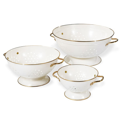 Metal Colander Set of 3, Strainer Basket with Handles perfect for Spaghetti, Pasta, Berry, Vegetable, Fruit, Solid Base Powder Coated Kitchen Essential Strainer Set, 1 & 3.5 & 5 Qt (Cream)