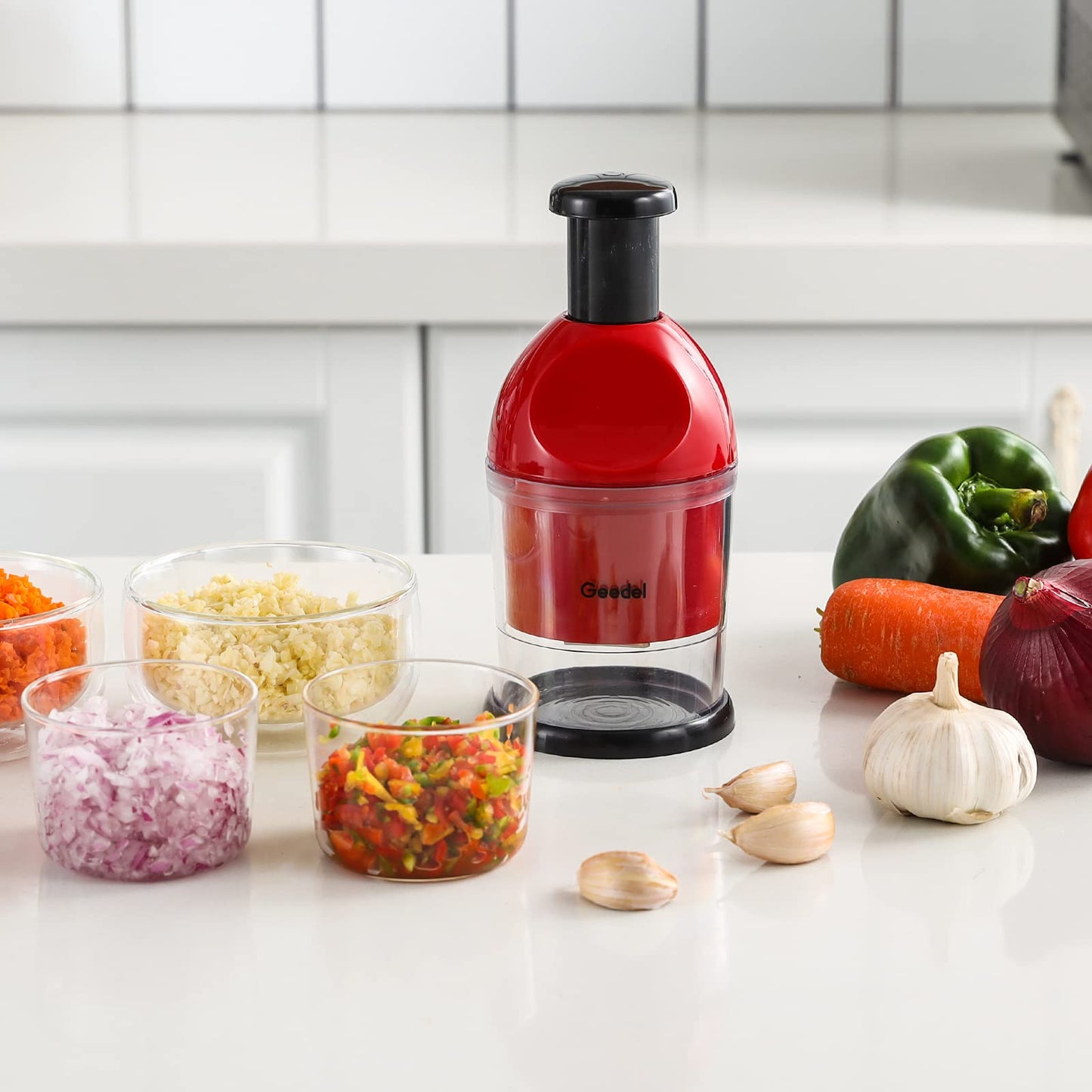 Geedel Food Chopper, Easy to Clean Manual Hand Vegetable Chopper, Dishwasher Safe Slap Onion Cutter for Veggies Onions Garlic Nuts Salads Red
