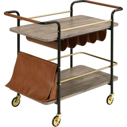 Acme Naude 2-Shelf Wood Serving Cart with Wheel in Gold and Black