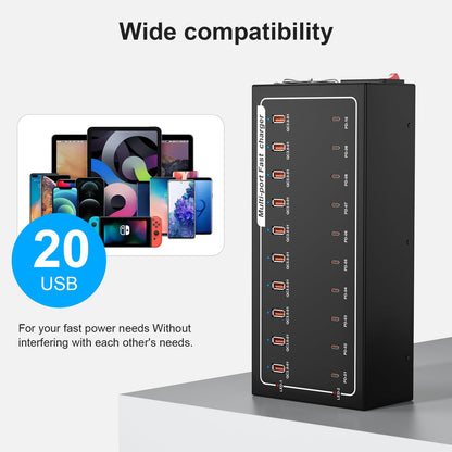 20-Port Fast Charging Station 400W, USB C and USB A Charger Dock with Smart Power Distribution Technology，for Multiple Devices, PD/QC Fast Charging Support