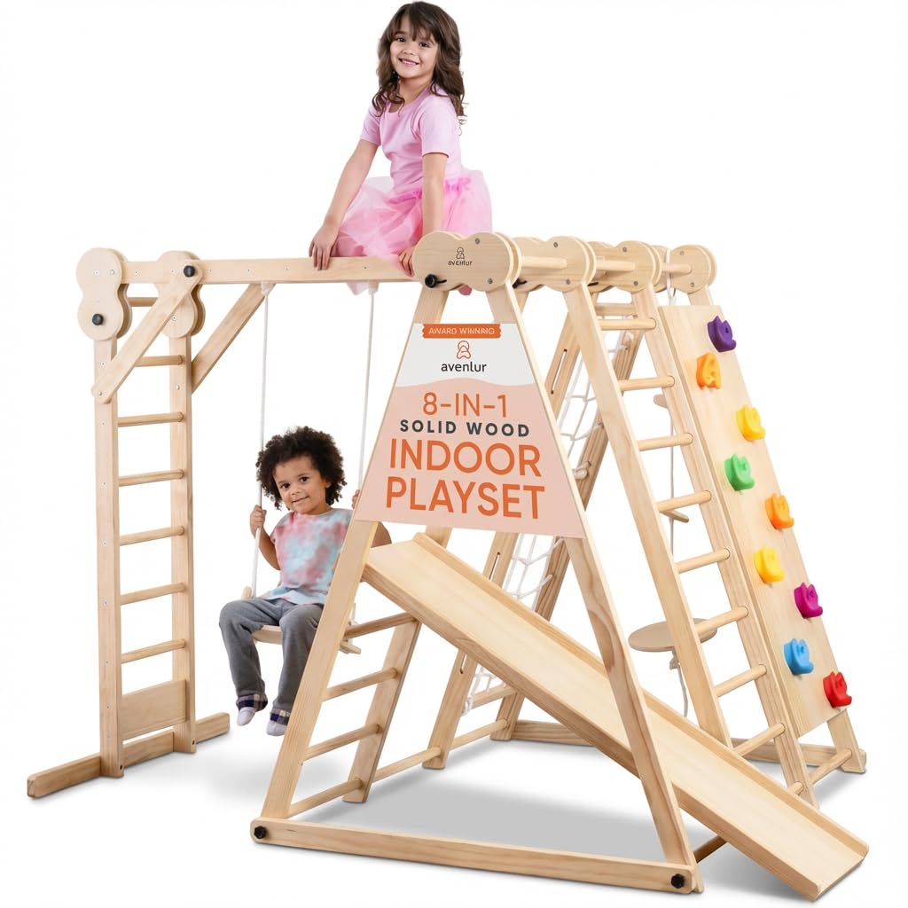 Avenlur 8-in-1 Indoor Play Gym – Toddler Jungle Gym for Kids Ages 2–6 – Indoor Playground Wooden Climbing Playset with Slide, Monkey Bars, Ladder, Rope Ladder, Rock Climbing, Swing, Rings, Disc Swing