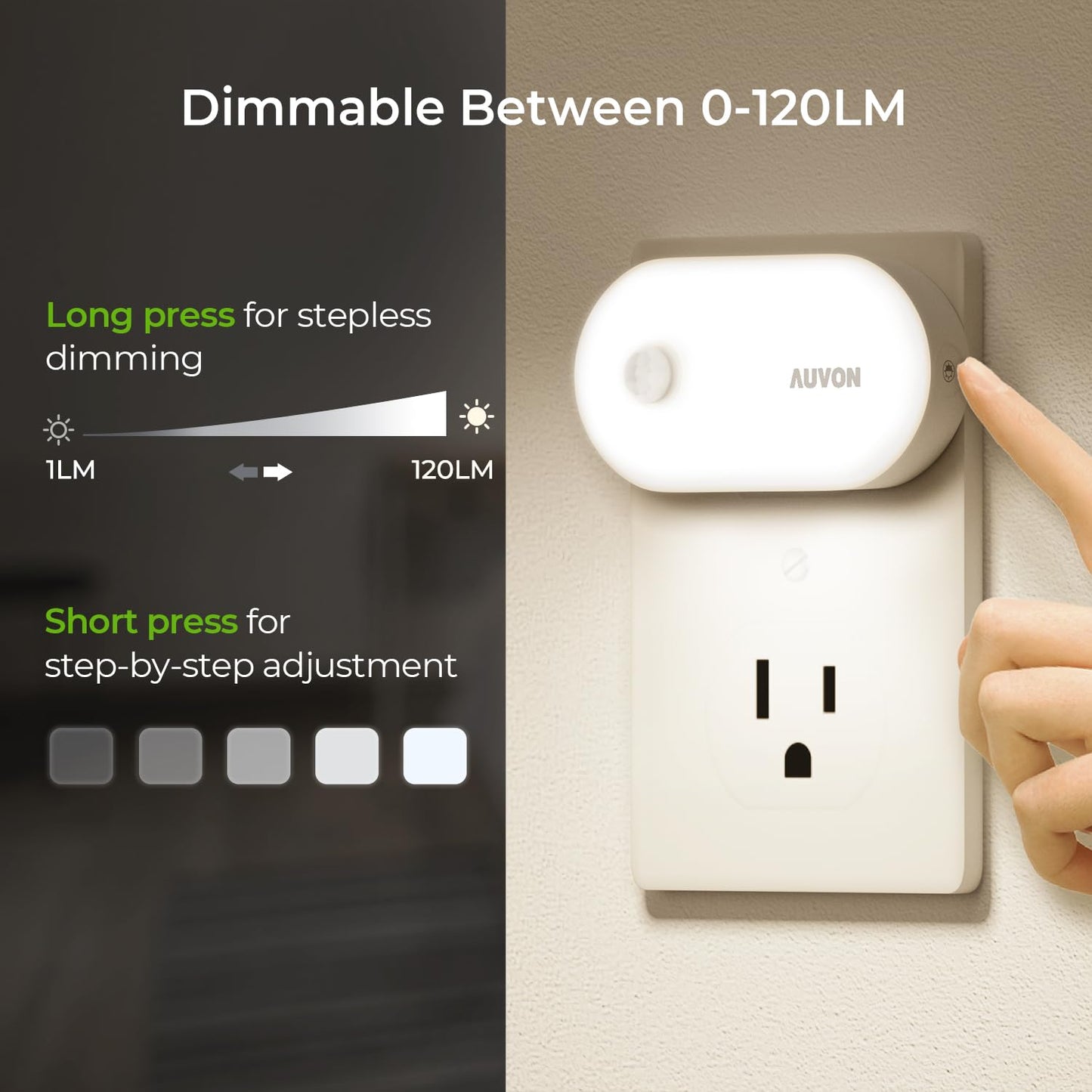 AUVON Night Light Plug in with Motion Sensor (120 Lumens), Dimmable Smart LED Night Lights, 1-120lm Brightness, for Bathroom, Hallway, Garage, Toilet (4 Pack)
