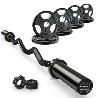 RitFit 2 Inch EZ Curl Bar with Weights, 350LBS Capacity Olympic Barbell for Bicep & Triceps, Home Gym Strength Training,Black with 85LBweights